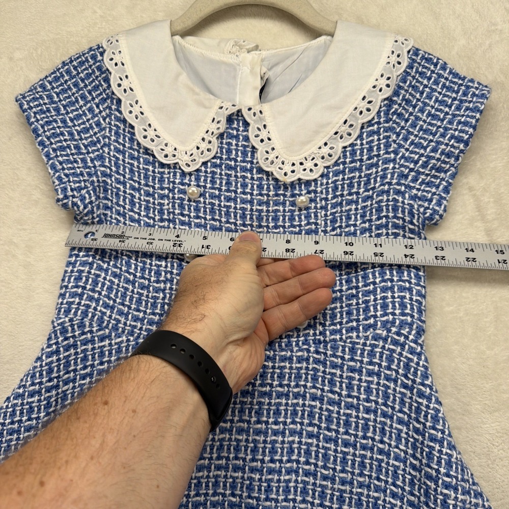 Janie and Jack Tweed Dress Girls 8 Blue White Eyelet Collar Party - Picture 4 of 9